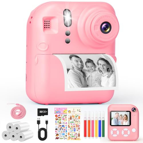 MILFECH 2.4 Zoll Kinderkamera Sofortbildkamera DigitalKamera, Fotokamera mit 32GB Karte & 5 Druckpapier, 6 Aquarellstiften, 2 Aufklebern, Geschenke für Jungen und Mädchen 3-12 Jahre(Rosa)