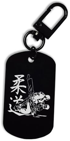 Judo Martiaux Arts Judoka Kanji Japonais, Porte-clés Gravé en Acier ID Tag Pin,Mousqueton Porte-clés, Noir , taille unique