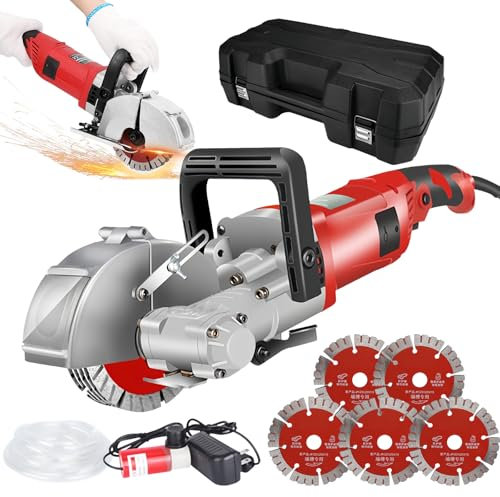 Electric Wall Chaser with Dust Extractor, 4000W Wall Groove Cutting Brick Concrete Slotting Machine, 7500RPM Slotter Saw Blade, Adjustable Depth & Width, for Granite Marble Concrete Stone,Red