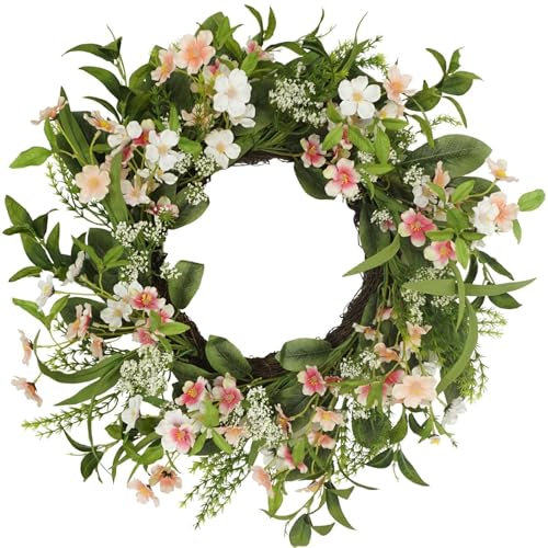 Hometrance Spring Wreaths for Front Door, 18 Inch Artificial Summer Wreath with Cherry Blossoms Flower, Floral Wreaths for Porch Wall Window Outdoor Indoor Decor, Plain Wreath for Home Decoration