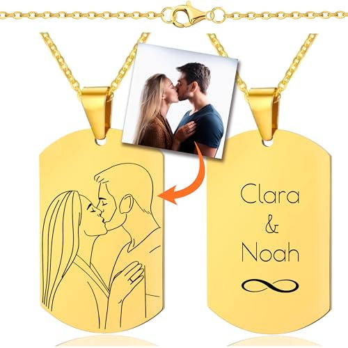 Lumari Gold Personalisierte Dog Tag Foto-Halskette mit Gravur - Gold Edelstahl Anhänger, 40x23mm mit 50cm Kette – Geschenk für Partner, Familie, Freunde