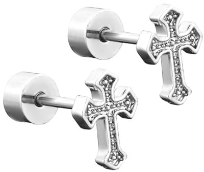 Cross Earrings, Titanium Steel Cross Flat Screw Back Faith Small Stud Earrings Vintage Religious Christian Simple Cross Cartilage Earrings Stylish Jewelry Gift for Women Men (Silver)