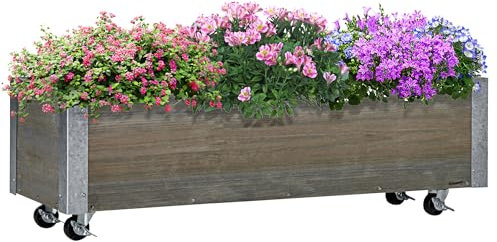 Outsunny Letto per Orto Rialzato da Esterno con Ruote a Freno e Strato in Tessuto non Tessuto, Fioriera da Esterno Rettangolare in Abete con Fori di Drenaggio, 96x30.6x30 cm, Grigio Chiaro