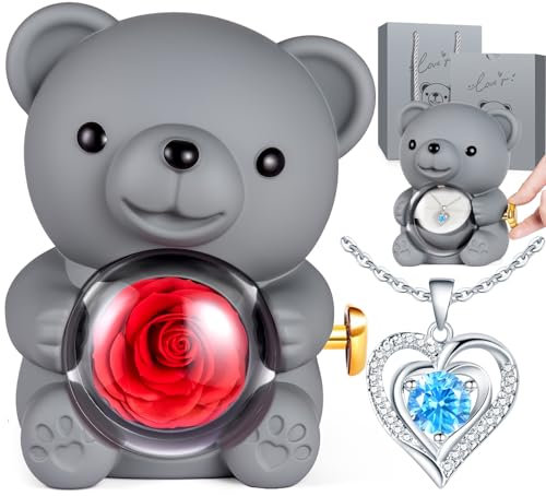 Aloskart Ewige Rosen Bär Geschenk für Frauen, Ewige Rose mit Halskette, Muttertagsgeschene für Mama, Rose Ewig Geschenke für Muttertag Geburtstag, Rosenbox