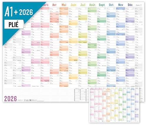 Häfft® Calendrier mural XXL 2026 A1+ de papier en français (63 x 89 cm) plié Rainbow + agenda annuel A4 gratuit, avec jours fériés de la France - durable & respectueux du climat