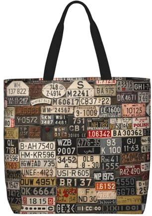 DNBCLEZK Schultertasche mit altem Nummernschild, leicht, Polyester, große Tasche, Shopper mit trendigen Drucken, Uni, für den täglichen Gebrauch für Damen und Herren (mehrere Muster-Designs),