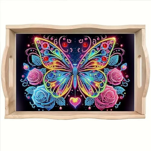 Lebartm DIY Serving Tray Diamond Art Painting Spring Creative Design Handmade Wooden Tray Dinner Plate Diamond Art for Coffee Living Room Home Organizer-Rose Butterfly02