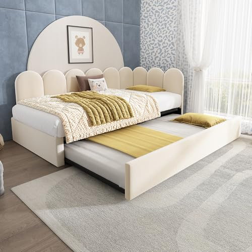 Polsterbett Tagesbett 90x200 Einzelbett mit Ausziehbett 90x190 cm, Kinderbett Jugendbett Daybett Gästebett Schlafsofa Sofabett Bettgestell mit Lattenrost aus Metall, Ohne Matratze, Samtstoff, Beige
