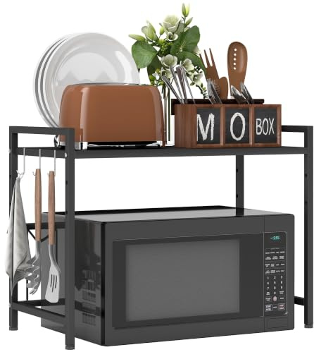 HOMCOM Mikrowellenregal erweiterbares 2-Stufig mit 3 Haken, Schwarz | Mikrowellen Regal, Küchenregal Stehend, Küchen Organizer, Mikrowellenständer, Küchenaufbewahrung für Arbeitsplatte