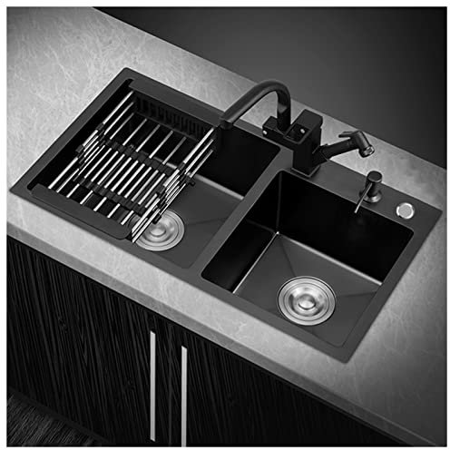 Fregadero de barra de acero inoxidable 304 negro de 85 x 45 x 22 cm, cuadrado nano fregadero de cocina para cámper con grifo e instalación de montaje superior/inferior