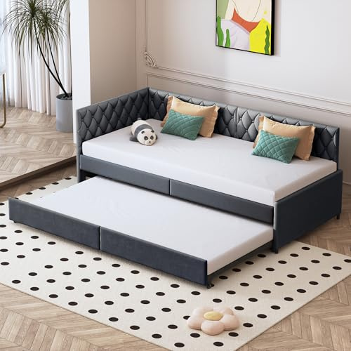 DAHUEN Schlafsofa 90/180x200 cm, 2 Sitzer Sofa mit Schlaffunktion, Bett Ausziehbar zum Doppelbett, Tagesbett Ausziehbar, Ausklappbares Sofa, Ausziehbett, schlafcouch, Samt, Ohne Matratze (Grau-C)