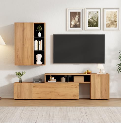 Ligterra Mueble para salón, mueble de TV, juego de muebles de salón (juego completo, 2 unidades), mueble de TV con vitrina, estantería de pie, longitud flexible, hasta 265 cm, TV de hasta 120 pulgadas