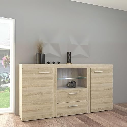 Agritrade AK RUMBA Sideboard Modern 2 Drawer Chest 157 cm Wide Durable Laminated Finish for Living or Dining Oak Sonoma