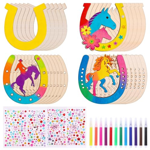 24 Stück Hufeisen Holz Pferde Geburtstagsdeko Basteln Set | Steckenpferd Bastelset Geburtstag mit Aquarellstift Glitzerband und Aufkleber, Holzscheiben für Geburtstag, Party, Geschenke