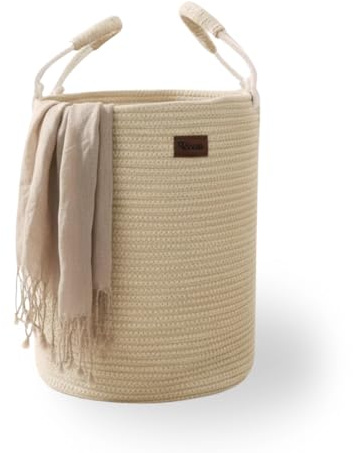 Wäschekorb aus Baumwolle 40 L Wäschesammler Aufbewahrungskorb, Baumwollseil mit Griff, Kordelzug, Wäschebehälter für Kleidung, Decken, Spielzeug - Beige