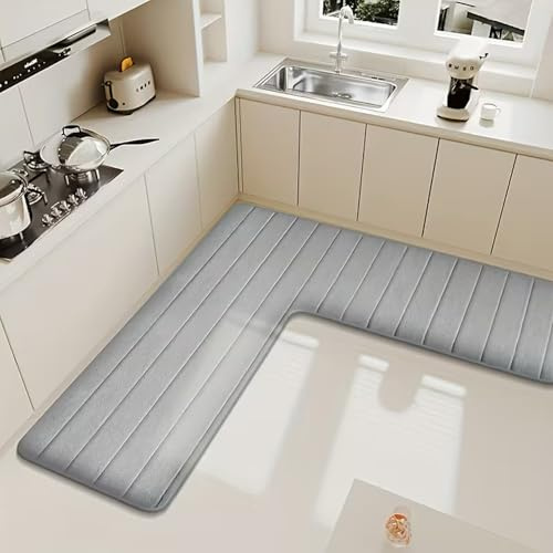 Wlian Tapis de cuisine en forme de L antidérapant et absorbant, pour cuisine et maison, tapis d'angle doux en forme de L pour salle de bain, WC et douche, lavable en machine, gris clair, 150 x 150 x