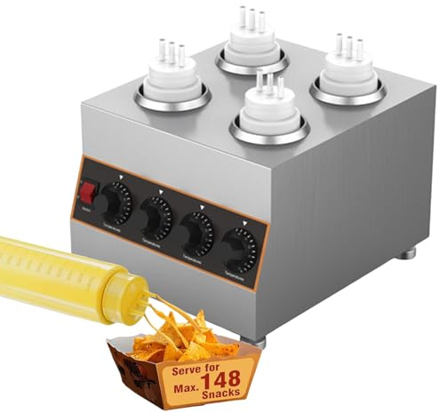 XEEAOFE Commercial Electric Sauce Warmer Dispenser, 640W Stainless Steel Countertop Nacho Cheese & Hot Fudge Warmer with 4×650ml Squeeze Bottles