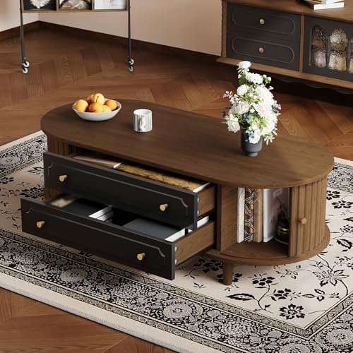 okwish Ovaler Holz Couchtisch mit Schublade, Sofatisch Kaffeetisch, Beistelltisch, Sideboard mit Stauraum, Kleiner Esstisch, moderner Wohnzimmerschrank, Walnussholzfarbe + Schwarz, 100 x 50 x 36 cm