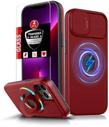 FRLMOOES for iPhone 13 Pro Case Magnetic,with Kickstand Ring + Camera Cover | Compatible with MagSafe Wireless Charging,with 2 Screen Protectors,Anti-Scratch Shockproof Heavy Duty Protection Phone,Red