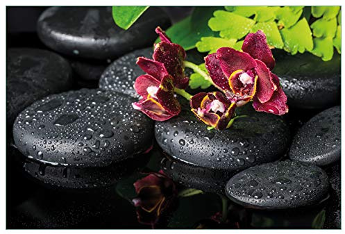 Wallario Küchenrückwand selbstklebend 90 x 60 cm, Motiv: Dunkelrote Orchideen-Blüte auf schwarzen Steinen mit Regentropfen | Spritzschutz abwischbar & pflegeleicht