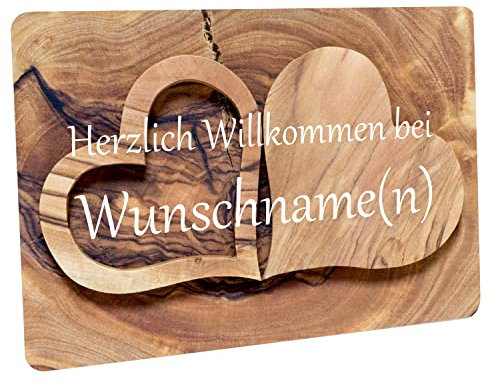 Crealuxe personalisierbare Fussmatte - Herzlich Willkommen - Motiv 2 Holzherzen - 60x40 cm, personalisiert, Fußabtreter, Fußabstreifer für die Haustür, Fußmatte rutschfest