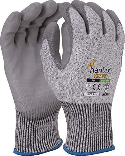 10 Pairs of Hantex® HX5PU Cut Resistant Level 5 Work Gloves Grey PU Palm Coated (9 / Large)