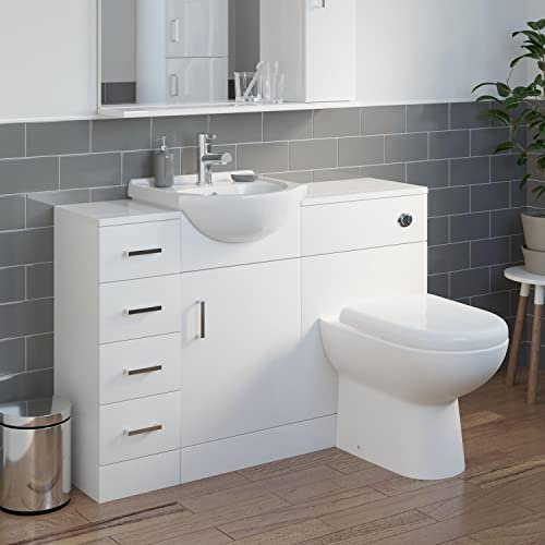 Affine® 1165mm Toilet Vanity Unit Reversible Combination Bathroom Suite Furniture Set, Freestanding Drawer Cabinet, Wash Basin Sink, WC Pan, Seat & Concealed Cistern, White Gloss