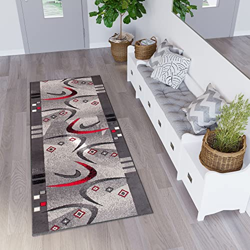 TAPISO Dream Läufer Teppich Meterware Flur Brücke Modern Streifen Bumerang Grau Rot Schwarz Schlafzimmer Wohnzimmer ÖKOTEX 60 x 170 cm