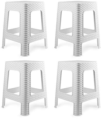 Acan Tradineur - Taburete de plástico - Fabricado en España - Diseño Rattán hogar o el Trabajo - 36 x 36 x 45 cm - Color Blanco (4 Unidades)