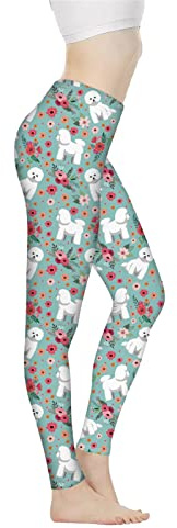 Biyejit Floral Bichon Dog Print Women's Yoga Pants Tummy Control Leggings High Waisted Yoga Pants Workout Leggings