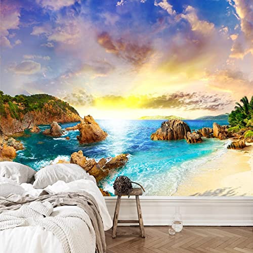 XTSWallpaper Pvc Autoadhesivo Impermeable Papel Tapiz 3D 250X175Cm Puesta De Sol Mar Paisaje Fotomural 3D Mural De Personalizar Vinilo Sala De Estar Mural De Arte De Etiqueta De La Pared