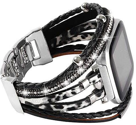 Posh Lederarmbänder kompatibel mit Fitbit Versa/Fitbit Versa Lite/Fitbit Versa 2 Armbänder für Damen, handgefertigte, Schmuckarmband, Armband für Fitbit Versa Smartwatch (schwarz-weiß)
