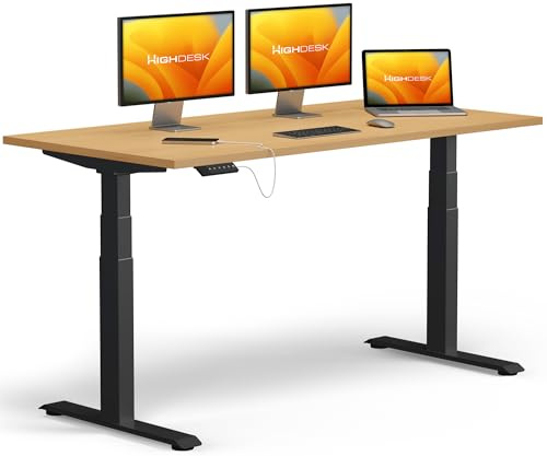 KRIEG HighDesk PRO Höhenverstellbarer Schreibtisch 200 x 80 cm I Schwarz + Buche - Elektrischer Sitz- & Stehtisch mit Tischplatte - Stehschreibtisch Elektrisch Höhenverstellbar
