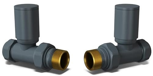 UK Radiators Round Anthracite Radiator Valve Pair - Anthracite Matt Finish - Classy and Modern Design - 1/2 x 15mm Straight Radiator Valve Pair