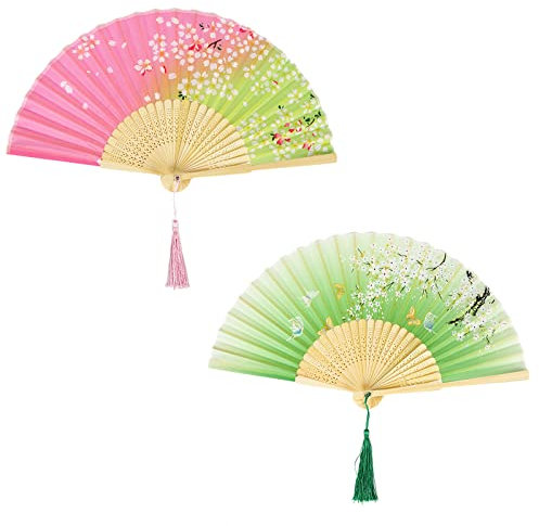Handfächer Faltbarer Handfächer für Frauen 2 Stück Chinesischer Seidenstoff Handfächer mit Quaste Klassischer Bambusfächer für Wanddekoration Hochzeitsdekoration (Green)