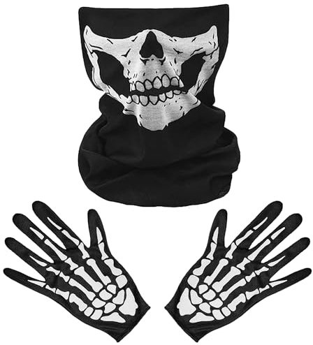 Giugio Masque squelette + gants squelette, Masque Halloween Squelette Masque Squelette Enfant, Gants Squelette Blanc et Masque de Crâne Os Fantômes pour Soirée Costumée Halloween d’Adulte