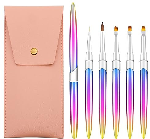 Lokaloka Pinceau Nail Art Ongles Gel Professionnel avec Capuchon et Sac Rose, 5 Pièces Pinceaux Construction Fin Set pour Vernis Semi Permanent Ongle Peinture Acrylique