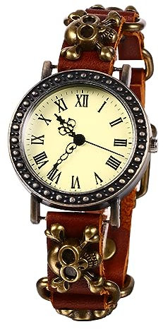 JewelryWe Uhren Damen Leder Totenkopf - Retro Punk Totenkopf Schädel Halloween Armbanduhr Unisex Herren Analog Quarz Uhr mit Römischen Ziffern Zifferblatt und Braun Leder Armband