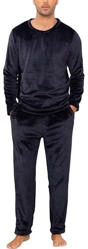 Lovasy Pigiama Uomo Invernale Pile Caldo Morbido e Confortevole Pigiama Lungo Girocollo a Maniche Lunghe Pigiami Due Pezzi Uomo Leggero a Tasche Laterali A Blu S