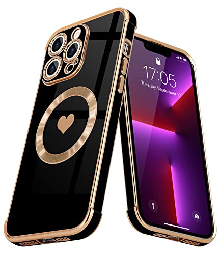 L-FADNUT für iPhone 13 Pro Max Hülle Kompatibel mit MagSafe Schwarz | Glänzend Herzmuster Magnetisch Handyhülle Stoßfeste Kratzfest Silikon Schutzhülle