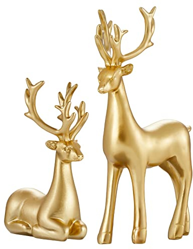 Christmas Decoration 2PCS Reindeer Resin Ornaments Mother Child Deer Couple Deer Sculpture used for Living Room Bookshelf Bedroom Wine Cabinet Decoration to Enhance Atmosphere (Gold Smooth)