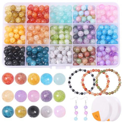 Colle Kit de 378 Perles Craquelées pour Bracelet, Perles en Pierre Naturelle de 8 mm, Perles Rondes en verre avec Trou pour Bracelets, Colliers, Fabrication de Boucles d'oreilles