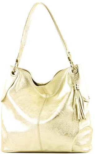 modamoda de T185 Damen Leder Schultertasche Handtasche handmade in Italy, Farbe:Gold-Metallic
