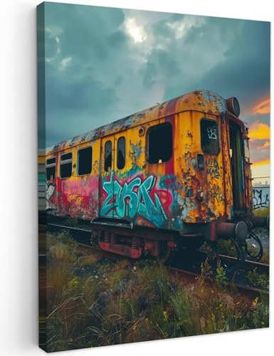 MuchoWow© Bild auf Leinwand 50x70 cm Schlafzimmer Bilder Badezimmer Wand Deko Wohnzimmer Modern Wanddeko Bilderwand Geschenk Graffiti - Zug - Street Art - Neon - Urban