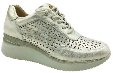 PITILLOS - Zapatos Sneakers de Piel con cordón elástico,cuña 4cm,Suela de Goma,Rejilla,Calado, para: Mujer Color: Oro Talla:36