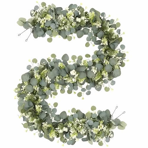 2 Stück Künstliche Girlanden Eukalyptus mit Weiße Blumen, Künstliche Hängepflanze Eukalyptus, Grün Künstliche Pflanze, Blätter Girlande, für Hintergrund Hochzeit Dekoration Tischdekoration