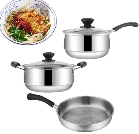 Chaies Non-Stick Pan Set, Non-Stick Cookware Set | 3 Pieces Pots Stainless Steel Cookware | Kitchen Cookware Set of Pots and Sauce Pans for Simming, Sautéing