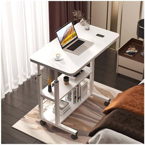 SINBINTA Beweglicher Computertisch, höhenverstellbarer Bett-Beistelltisch mit Rollen, Tisch, Laptop-Wagen über dem Bett mit offenem Regal, tragbarer Steharbeitsplatz für Heimbüro (weiß)