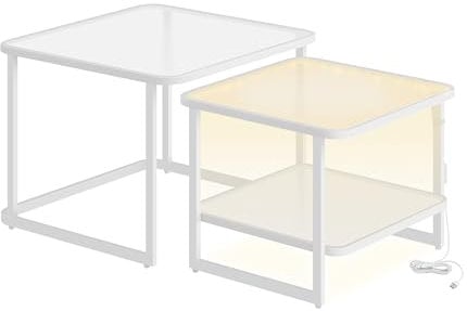 VASAGLE Couchtisch, 2er-Set mit LED-Beleuchtung, quadratischer Beistelltisch, modern, Milchglas, untere Ablage, für Wohnzimmer, Schlafzimmer, Büro, wolkenweiß-perlweiß LCT246W01