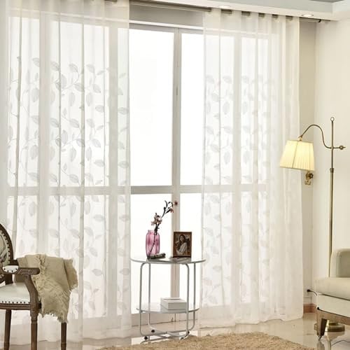 Homxi Vorhang Schlafzimmer Transparent 2er Set,2 x 107W x 214H cm,Vorhänge Durchsichtig Schlafzimmer Weiß Blatt Stickerei Vorhang Ösen Modern